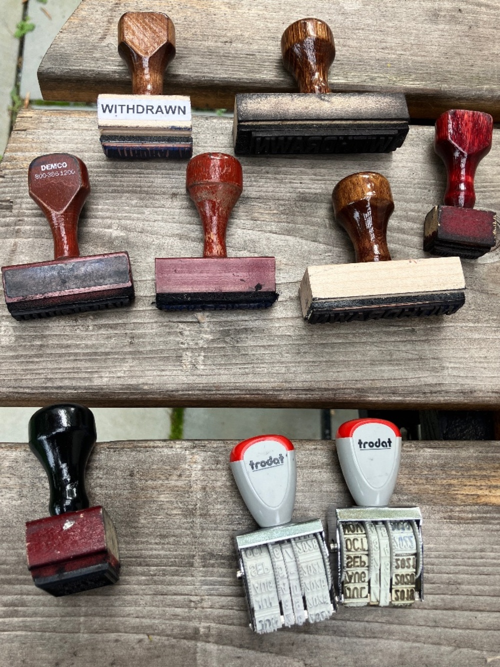 Vintage Rubber Stamp Lot 8pc Trodat Date Demco WITHDRAWN Office Stamps